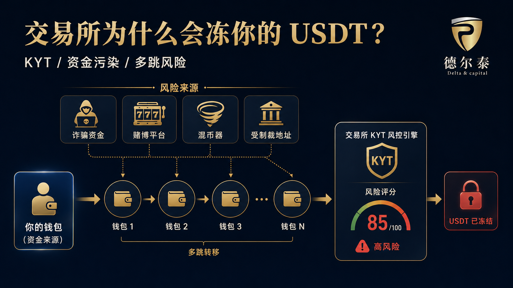 链上反洗钱 KYT 与交易所风控冻结示意
